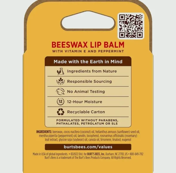 Burt's Bee's Lip Balm - Beeswax, Natural Origin, 4 Tubes