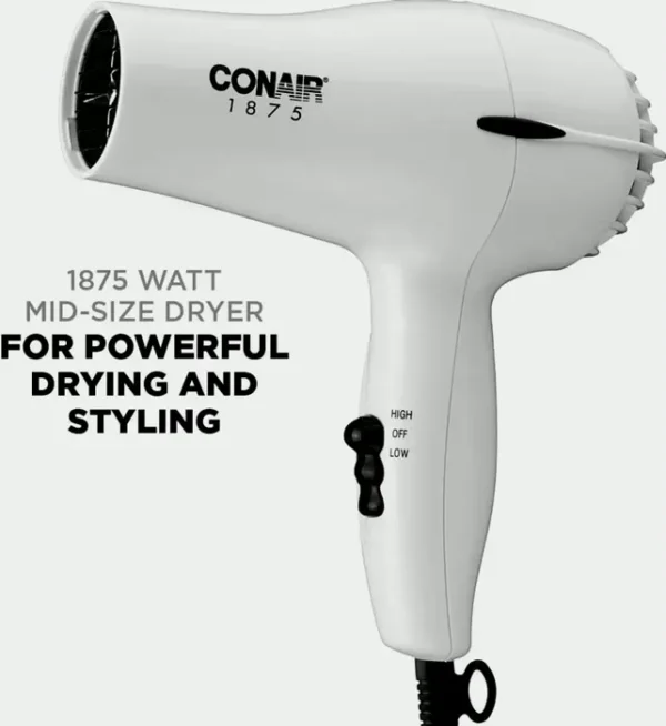 Conair Brand Blow Dryer, 1875W Medium Blow Dryer, White