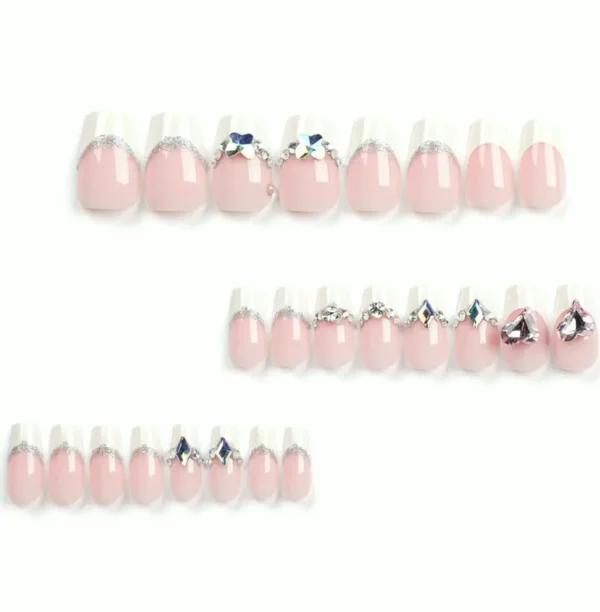 Medium Coffin Fancy White Glitter Nails with Rhinestones