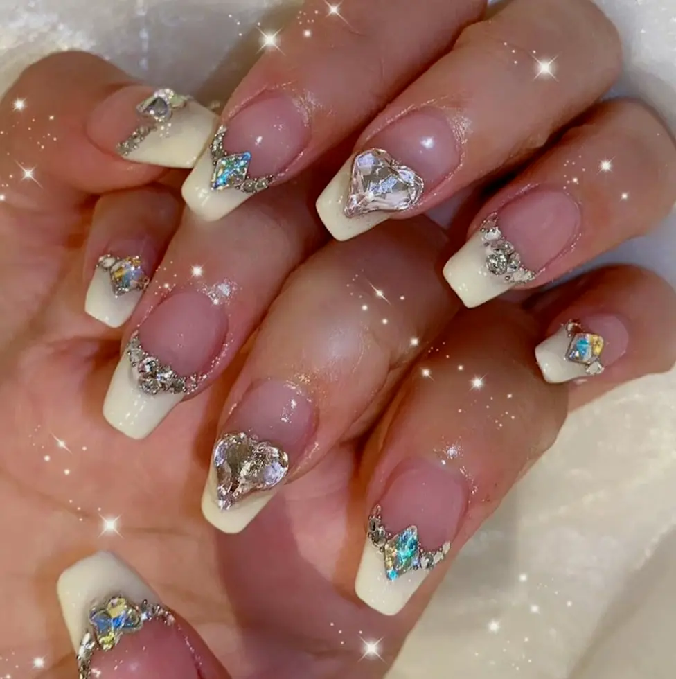 Medium Coffin Fancy White Glitter Nails with Rhinestones